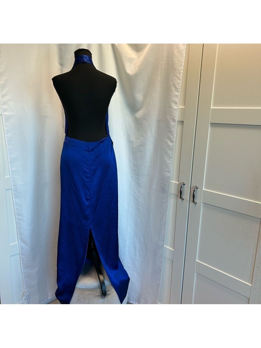 Zara women collection blue wrinkle satin effect open back halter top maxi dress - Picture 8 of 14